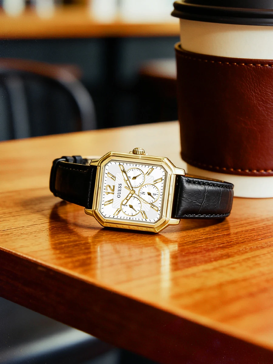 GUESS Women Watch GW0309L2 Square Chronograph Quartz Gold Case Black Leather Strap Daily Office Party Gift For Wife Sister