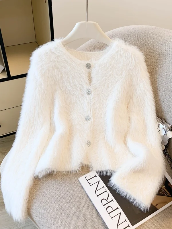 

Soft ort Fake Fur Knitted Sweater Women's Winter Vintage round Ne All-Match Cardigan Top Polyester Fiber 00%