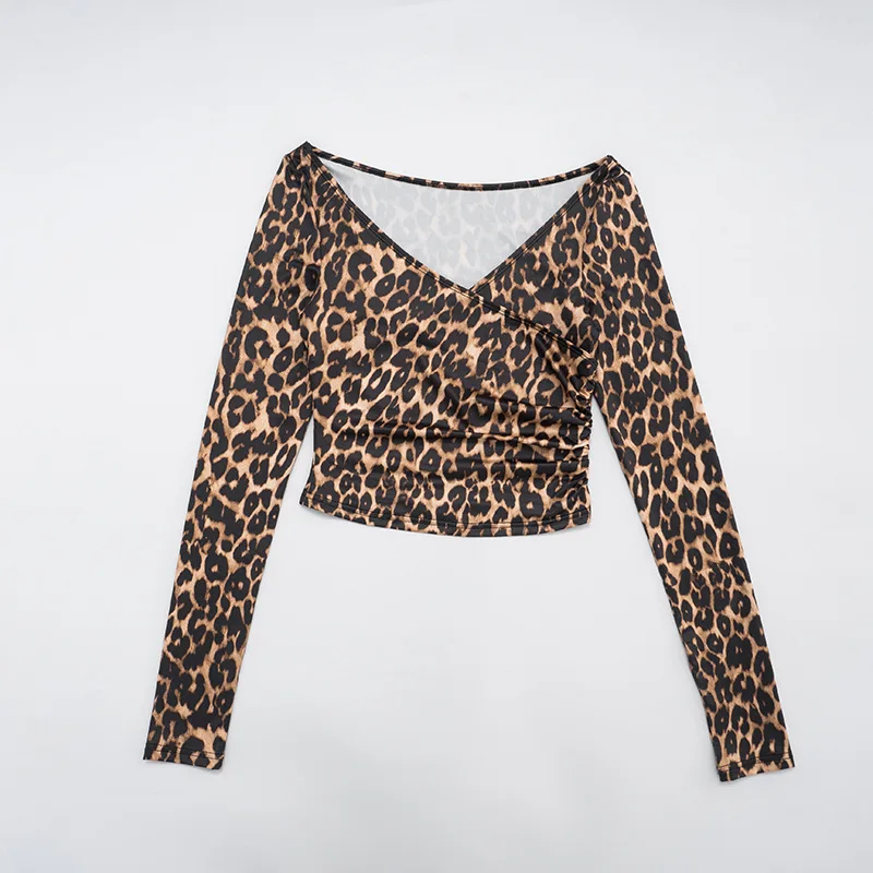 Set da donna sexy con stampa leopardata da 2 pezzi, scollo a V avvolto con spalle scoperte, top corto a maniche lunghe + pantaloni a matita, abiti casual slim clubwear