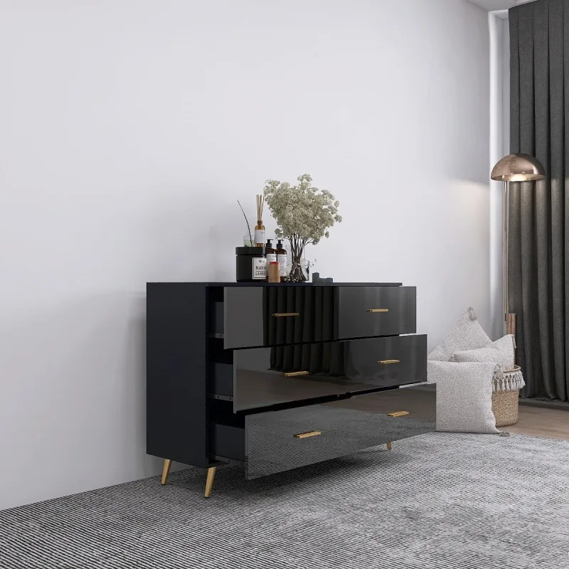 FENGSHUO High Glossy Surface 6 Drawers Chest Of Drawer With Golden Handle And Golden Steel Legs Black Color Vanity Modern