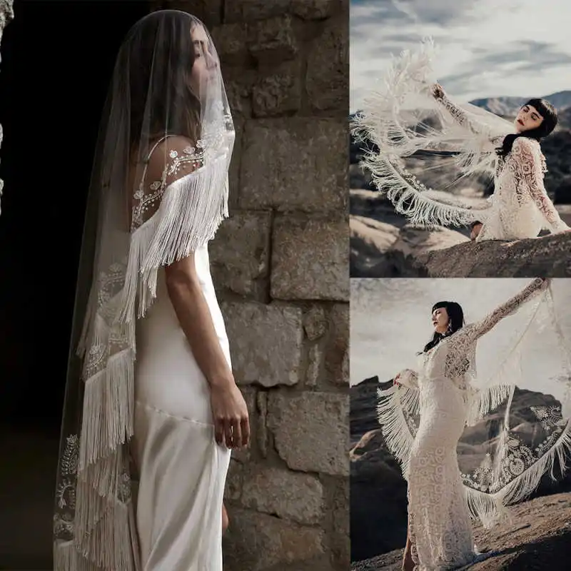 Romantic Boho Fringe Trim Tulle Bridal Veil Bridal Accessory Floral Lace Embroidery Wedding Veil Boho Bridal Headpie Customized