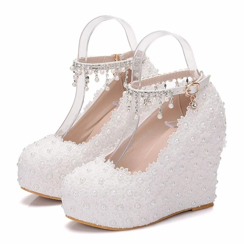 White Wedges Wedding Pumps Sweet White Flower Lace Pearl Crystal Platform Pump Classic Bride Dress High Heeled Ladies Shoes