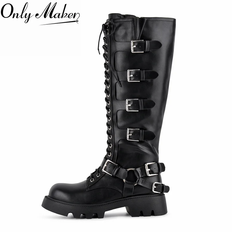 Onlymaker Black Gothic Knee High Combat Boots Multi Metal Buckle Front Lace Up Side Zipper Round Toe Punk Motorcycle Boots