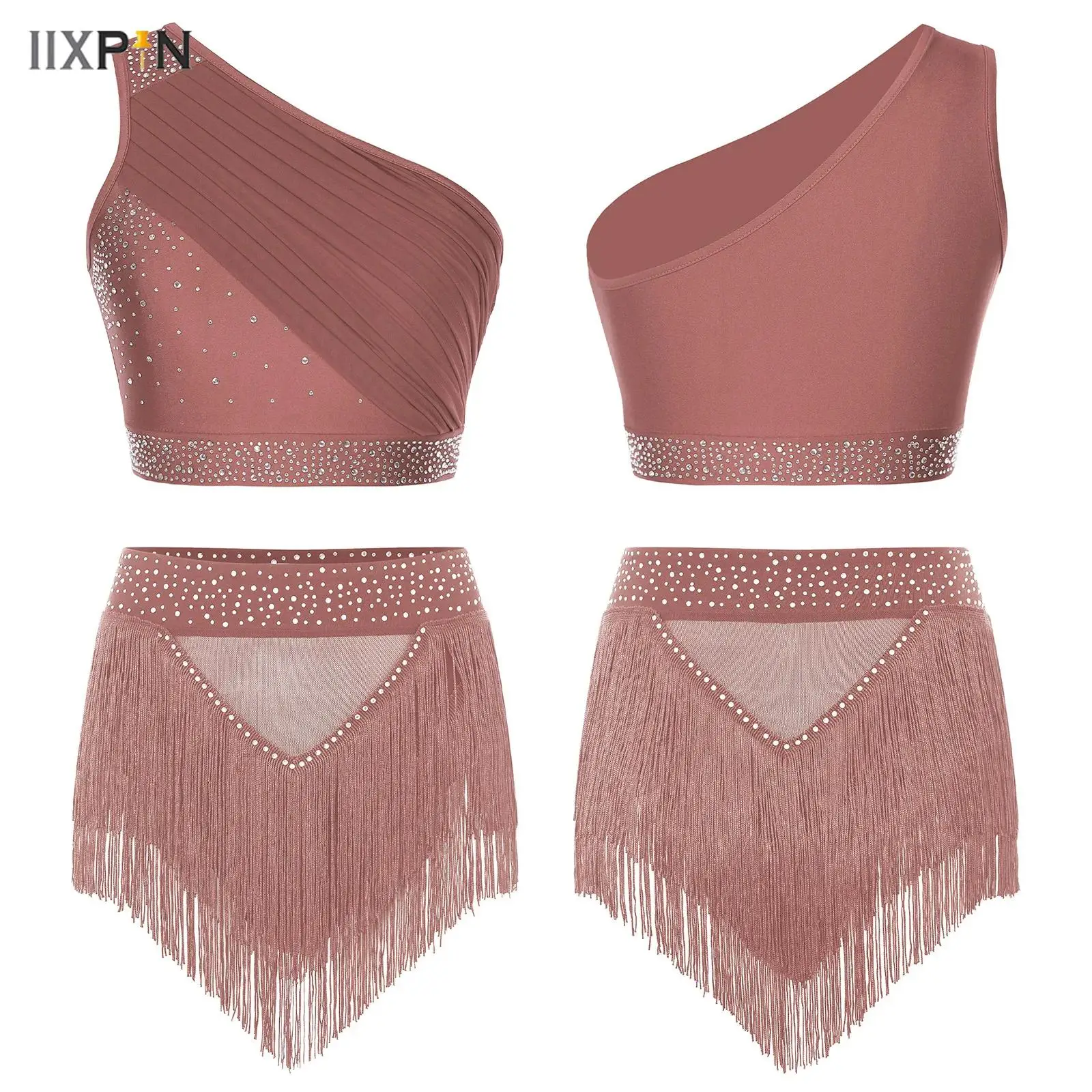 

Womens Latin Cha-cha Figure Skating Dancing Costume One Shoulder Rhinestone Ruched Tank Crop Top+Tassel Shorts Modern Dancewear
