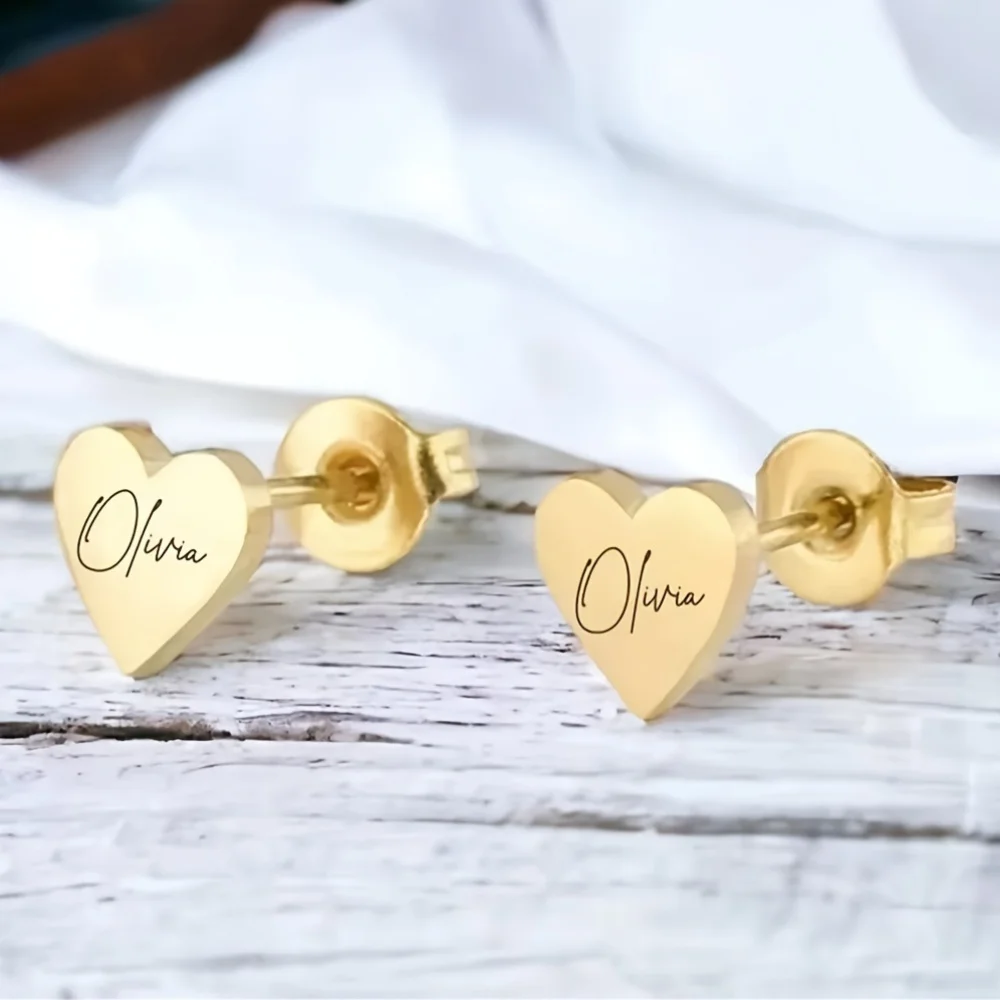 

French Chic Peach Heart Earrings Name Custom Golden Plated Jewelry Personalized Name Women Girl Gifts Stud Earrings