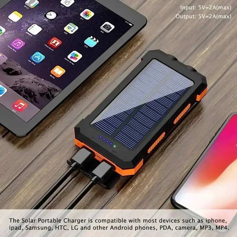 Carregamento de acampamento não convencional! Banco de energia solar de 10000mAh: USB duplo de carregamento rápido + lanterna brilhante. À prova d'água à prova de choque