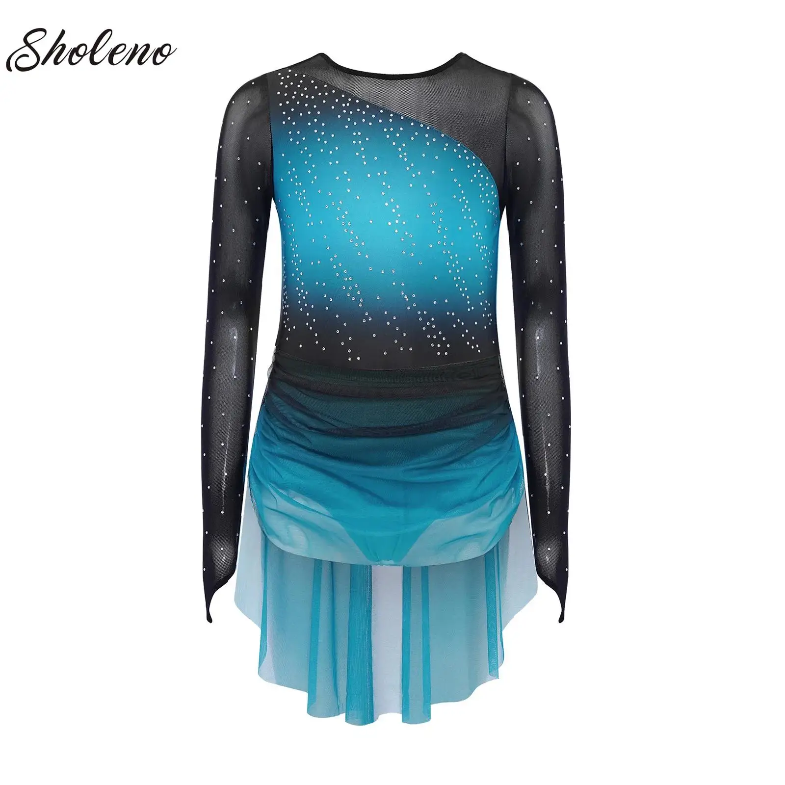 

Kids Girls Gradient Ballet Jersey Leotard Dress Skirted Bodysuit Sparkly Rhinestone Gymnastics Figure Skating Dance Costumes