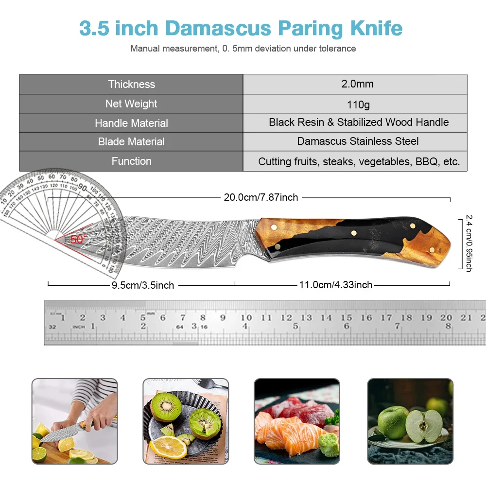 Japanese 3.5 Inch Utility Knife VG10 Damascus Steel Pro Paring Knife Sharp Kitchen Petty Knife Full Tang Resin and Wood Handle