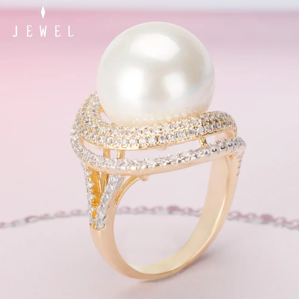 

JEWEL Fashion Charm Round Pearl Ring Statement Romantic and Shiny Finger Ring For Women Wedding Jewelry Gift