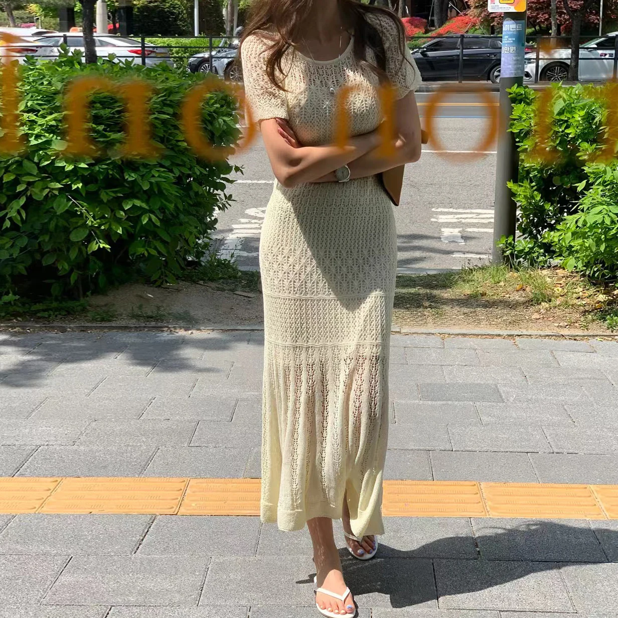 Hollow Out O-neck Knitted Trumpet Dress Maxi Bodycon Korean Style Chic Gentle Retro Crochet Short Sleeve Slim Long Two-piece