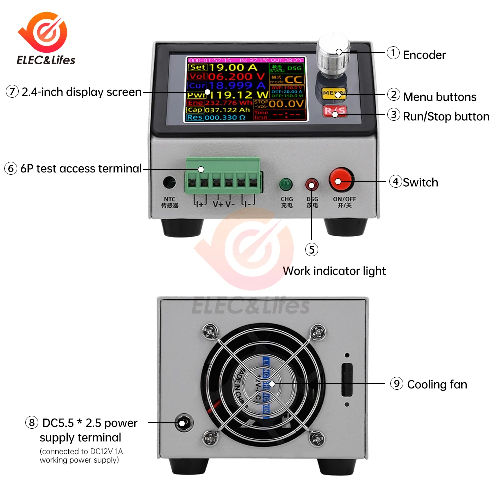 Imagem -03 - Bateria de Lítio de Carga Eletrônico Capacidade Monitor Descarga Carga Power Meter Abastecimento Checker dc Tester 150w 20a Cor 24