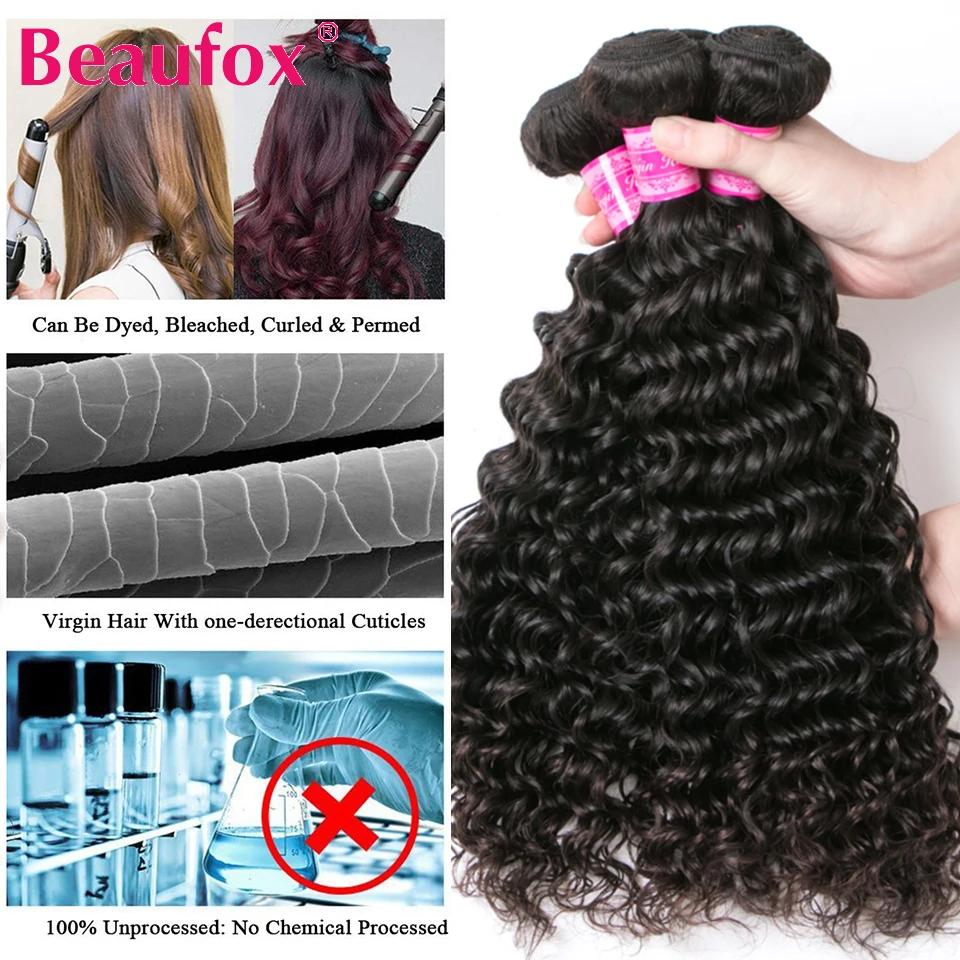 Beaufox-Deep Wave Hair Bundles, Cabelo Humano da Malásia, Cabelo Encaracolado Profundo, Remy Hair Weave Extensions, 10A, 32 em, 1 Pacotes, 3 Pacotes, 4 Pacotes