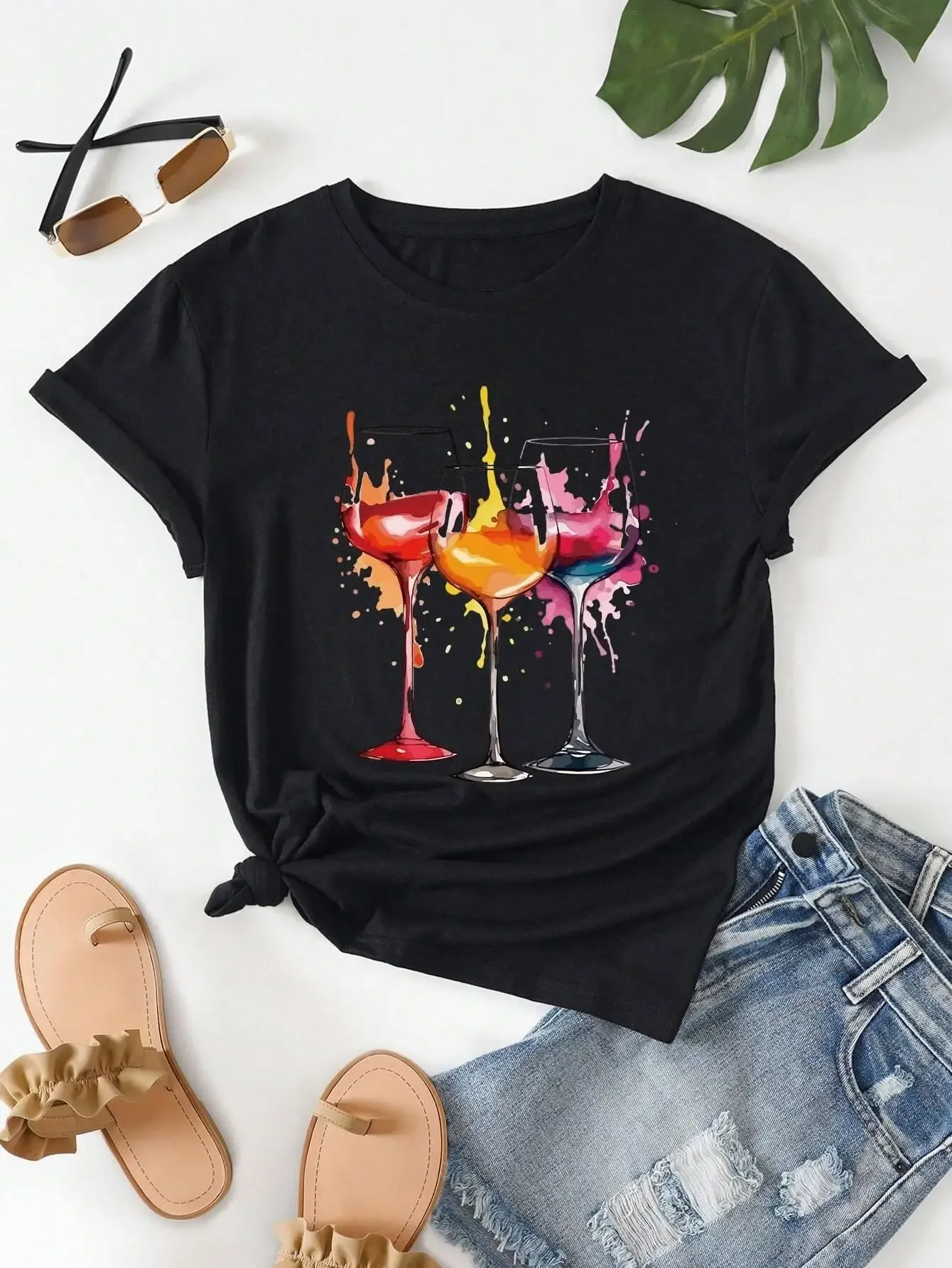 Rainbow Wine Glass Pattern Print Women T-Shirt Summer Casual Clothing Street Hip Hop Short Sleeve Breathable Comfortable T Shirt