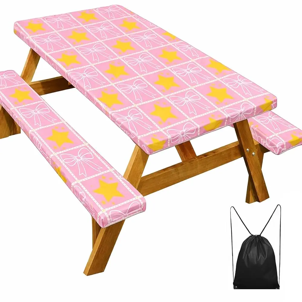 

Розовая скатерть для пикника с чехлами для скамеек, водонепроницаемая эластичная скатерть для столов длиной 6 футов, моющаяся, с бантом и звездами