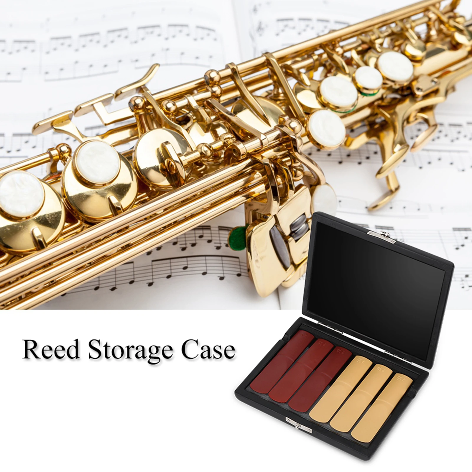 PU Leather Cover Black Saxophone Clarinet Reed Container Box Case with Slots for 6pcs Reeds