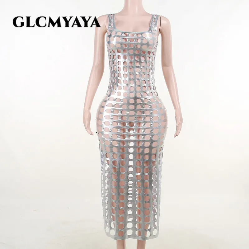 GLCMYAYA Faux Leather Women Cutout Hollow Out Sleeveless Bodycon Midi Dress Maxi 2023 Chic Party Club Even Prom Dresses Vestidos