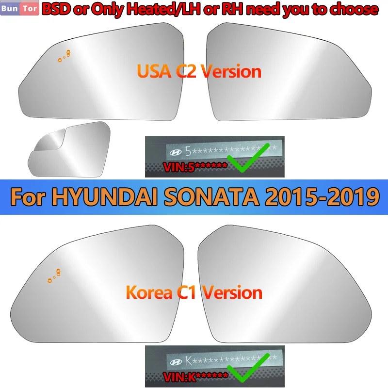 For USA and Korea Version HYUNDAI SONATA(LF) 7th 2015 2016 2017 2018 2019 Rearview Mirror Glass With BSD Heated Wing Mirror Lens