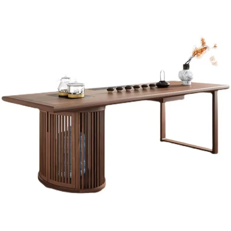 

#New Chinese Style Solid Wood Dining Table and Chair Combination, Black Walnut Wood Household Tea Room and Tea Making Table