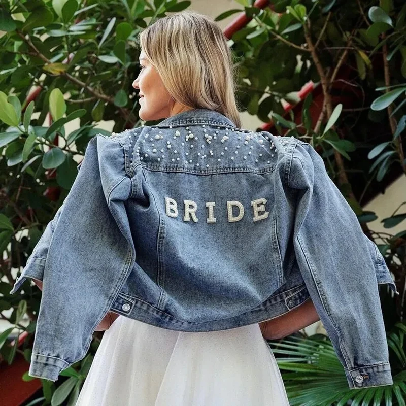 

Bride Pearl Denim Jacket Country beach Western Space Disco Cowgirl wedding day bridal shower Bachelorette party honeymoon gift