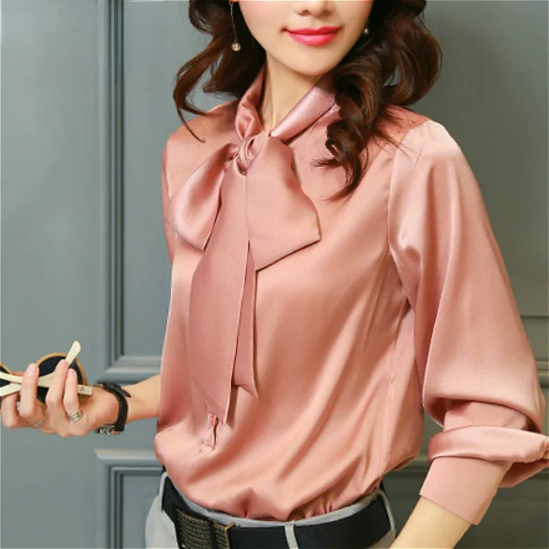 Fashion Solid Color Blouse 2024 Autumn Long Sleeve Bow Collar Office Lady Blouse Casual Women Tops Elegant Chiffon Shirt