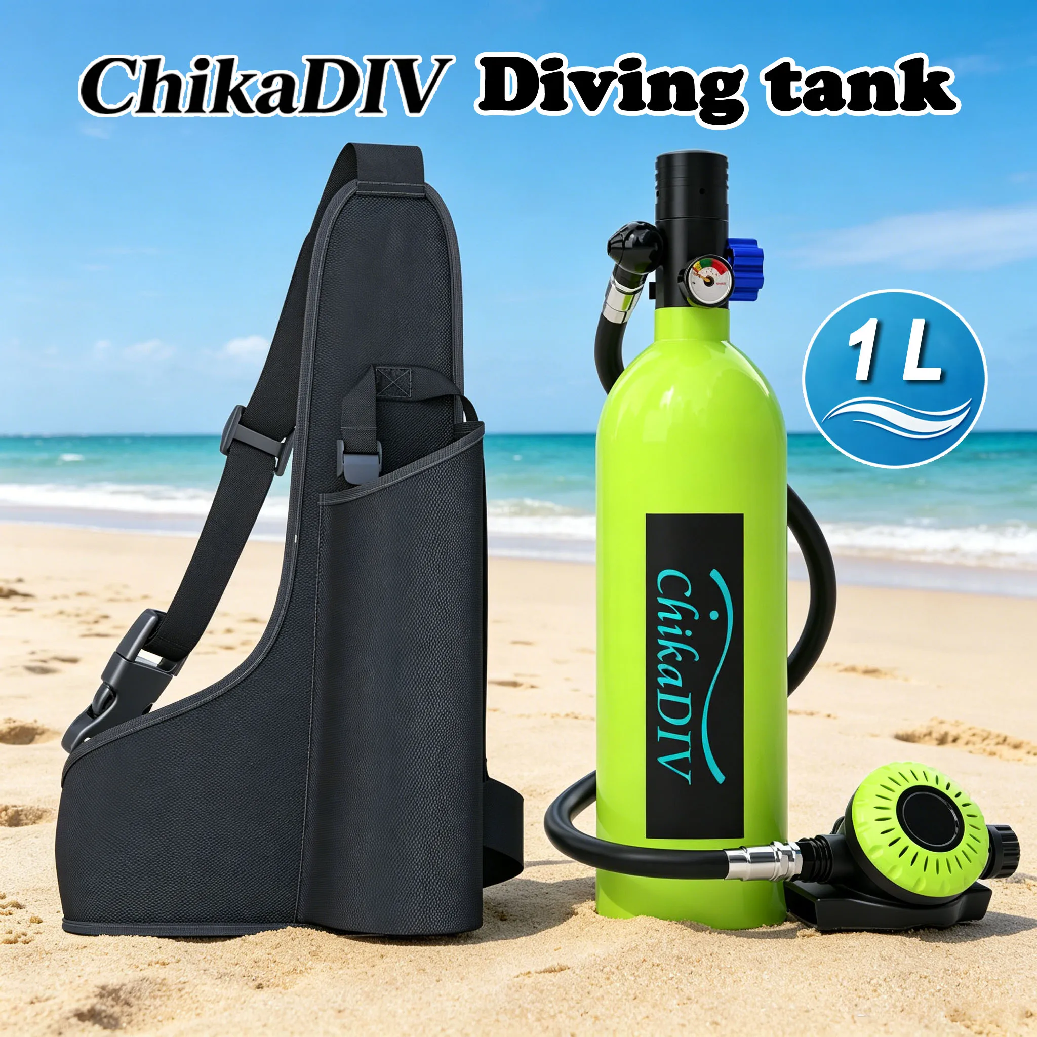 ChikaDIV 1 L Portable Diving Tank, includes a backpack; provides approximately 75 breaths or 15–20 minutes of underwater breathing; ideal for outdoor beach swimming trips; unisex