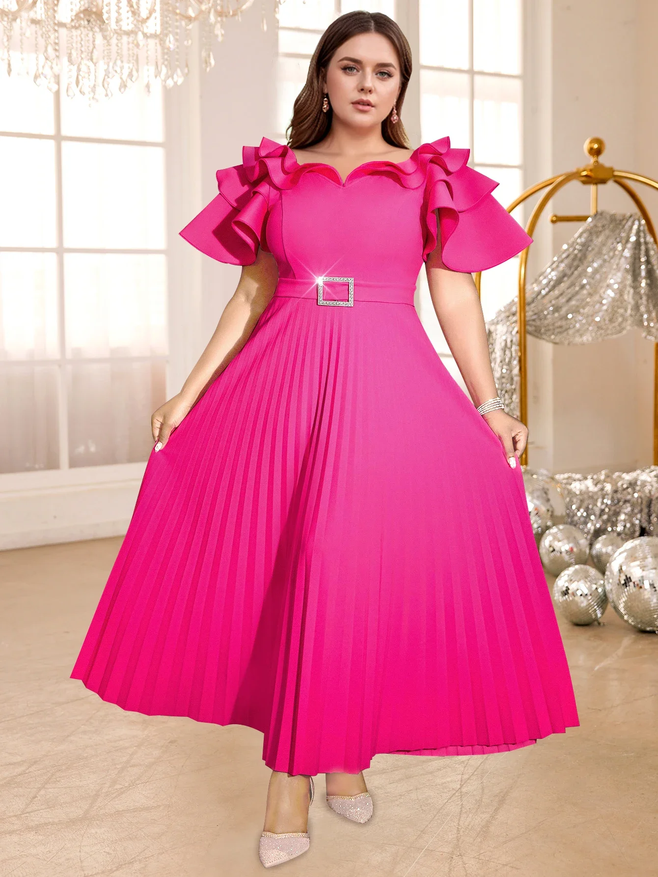 Women's Elegant Pleated Dress Round Neck Ruffle Short Sleeve Diamond Belt Maxi Dresses Wedding Party Bridesmaid Gowns Plus Size