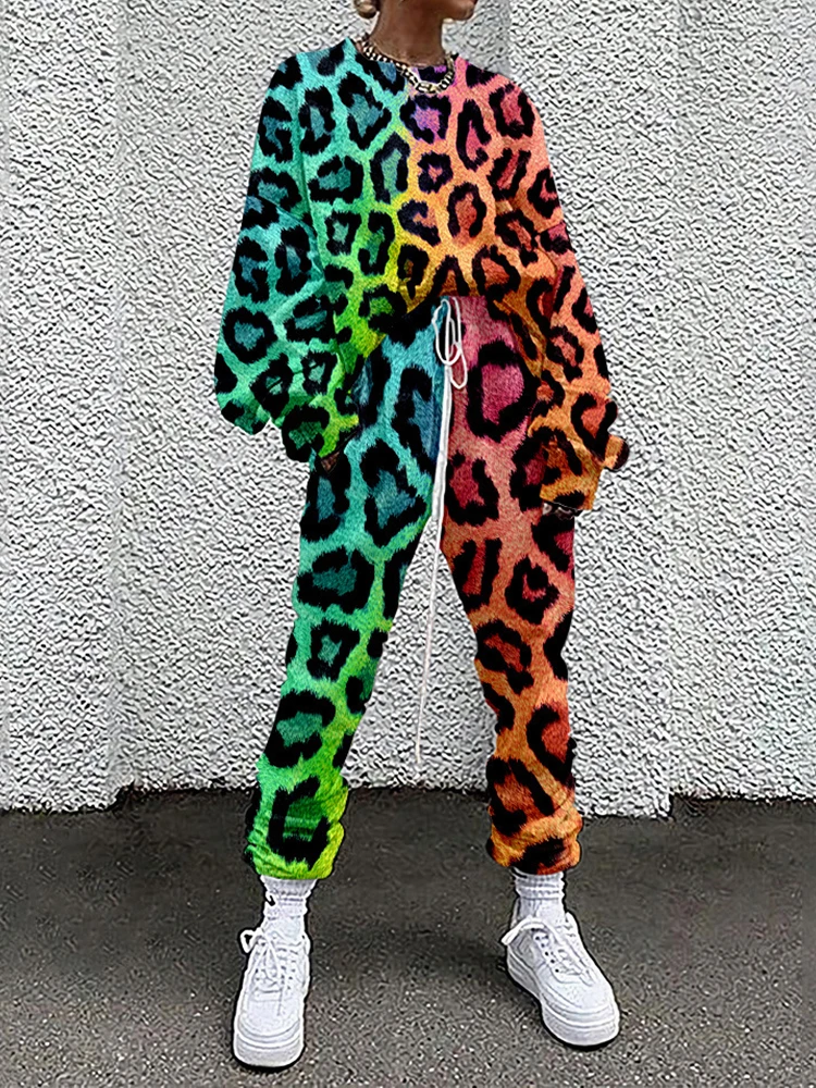 Women Tracksuit Hipster Street Style Colorful Leopard Printed Casual Full Sleeve O Neck Sweatshirt + Drawstring Pants Two-pieces