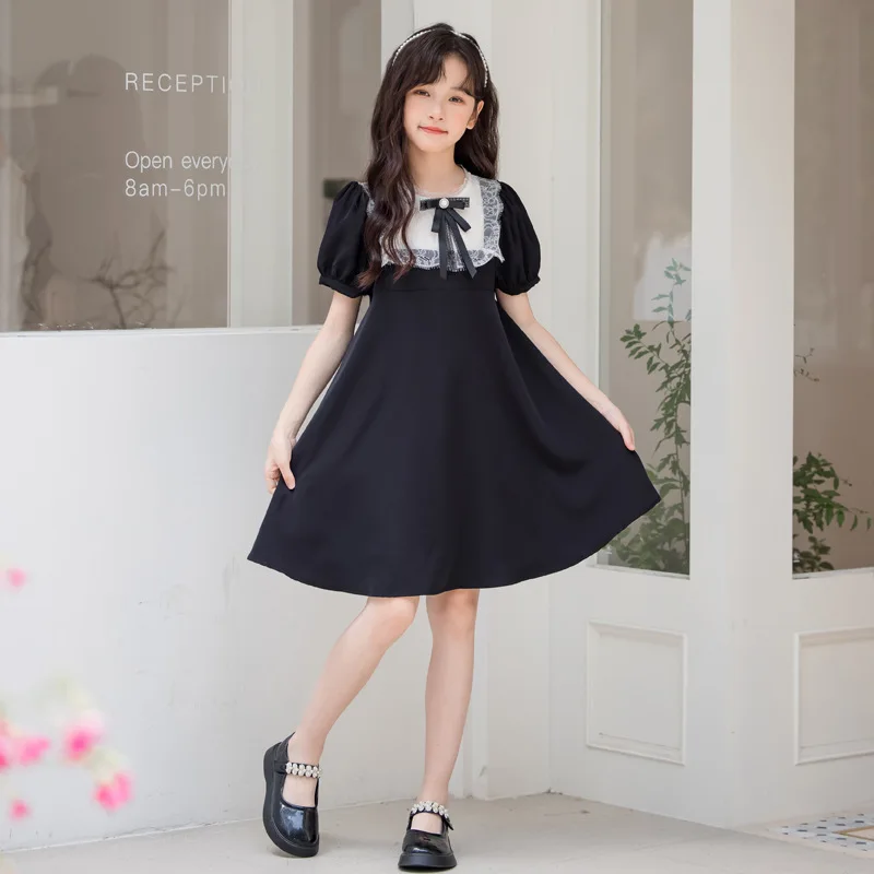 

Girls Skirt Little Black Dress Lace Lace Princess Dress 2024 Summer Dress Bow Big Children Korean Simple Style Skirt Clothes