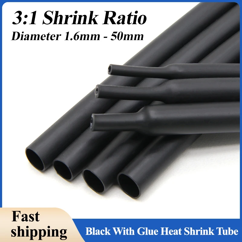 3/5/8M  Black with Glue Heat Shrink Tube Dual Wall Tubing 1.6 ~ 50mm Diameter Polyolefin Insulated Adhesive Lined Shrink