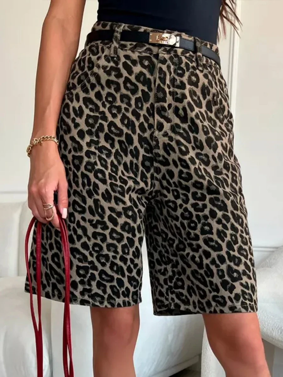 Blubelle 100% Cotton Retro Casual Leopard Print Shorts Women's Fashionable High Waisted Knee Pants Female Pocket Loose Shorts - Image 3