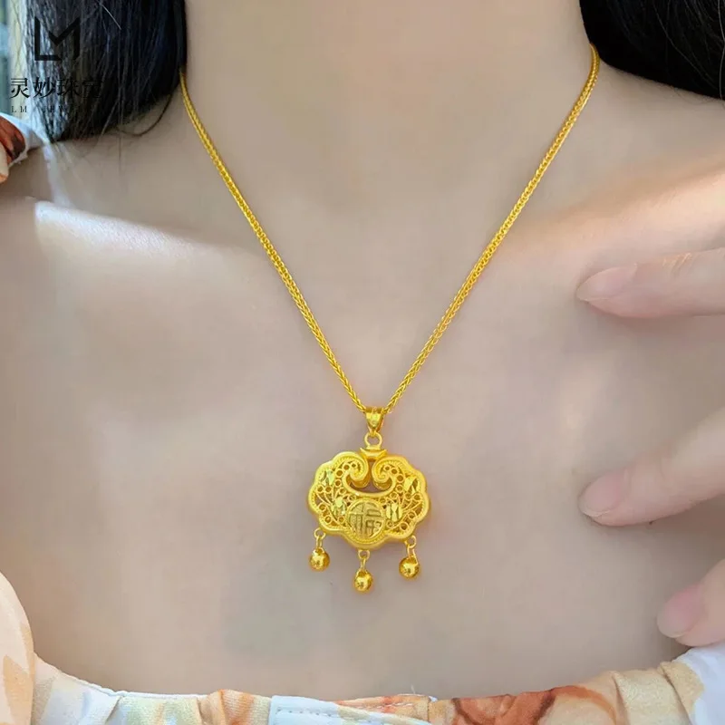 

9999 24K real gold luxury bead necklace for women gold lock pendant for children long life lock baby full moon gift gold jewelry
