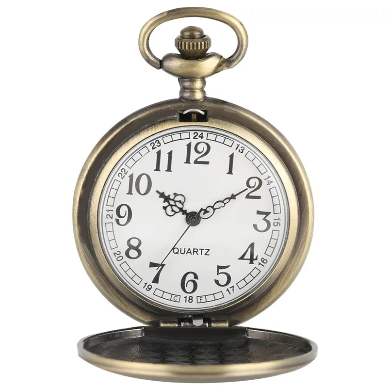 Bronze Emgraved Rose Flower Case Pocket Watch Necklace Chain Quartz Movement Watches Arabic Numeral Display Timepiece