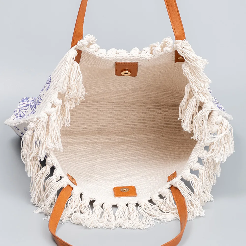 Bolso de lona de un solo hombro para mujer, bolsa de mano con flecos de estilo étnico bohemio, bolso de mano de gran capacidad