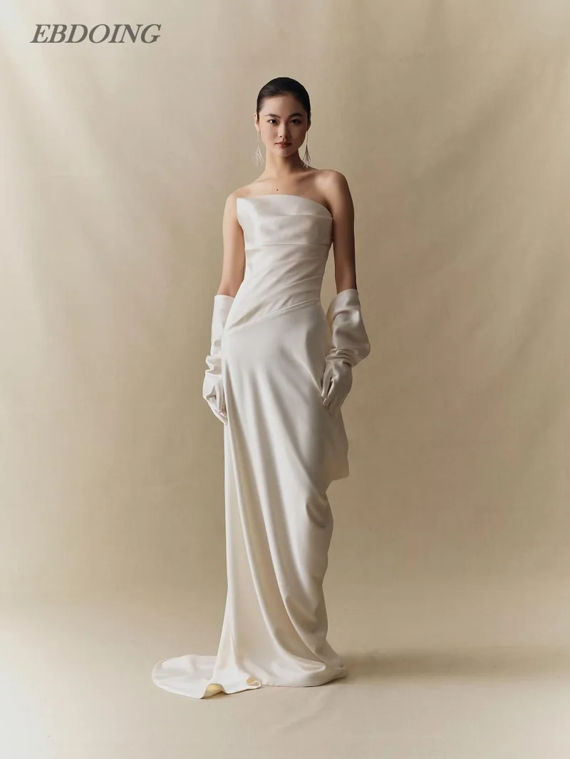 

EBDOING Wedding Dress Sheath Satin Sleeveless Strapless With Pleats Customized Bride Gown