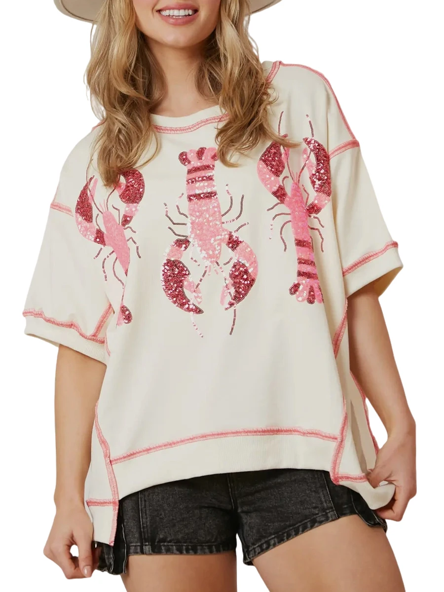 Women s Tunic Tops Glitter Sequin Lobster Crawfish Print Short Sleeve Round Neck T-Shirts Blouses