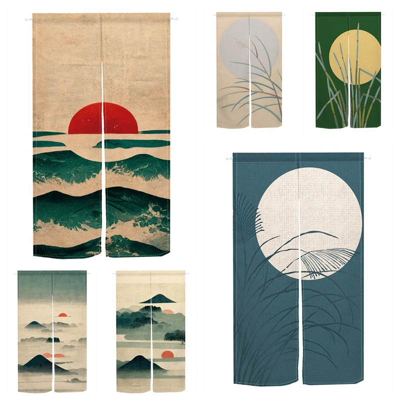Japanese Velcro Noren Door Curtains Mountain Sun Reed Linen Split Room Entryway Partition Screen Restaurant Kitchen Half-curtain
