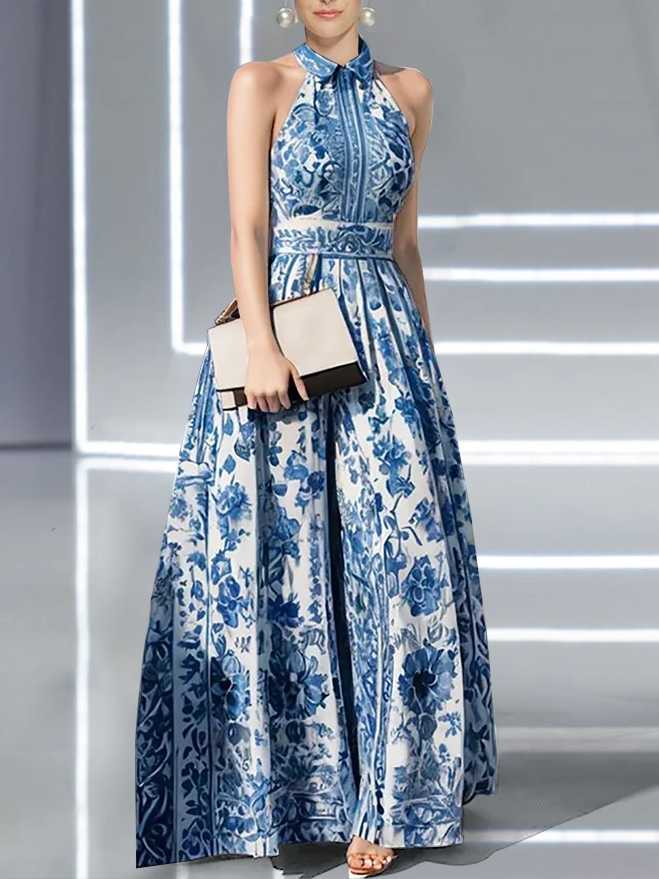 

Plus Size Boho Floral Printed Women's Dress Lapel Collar Sleeveless High Waist Pleated Maxi Dress Summer Fashion Big Swing