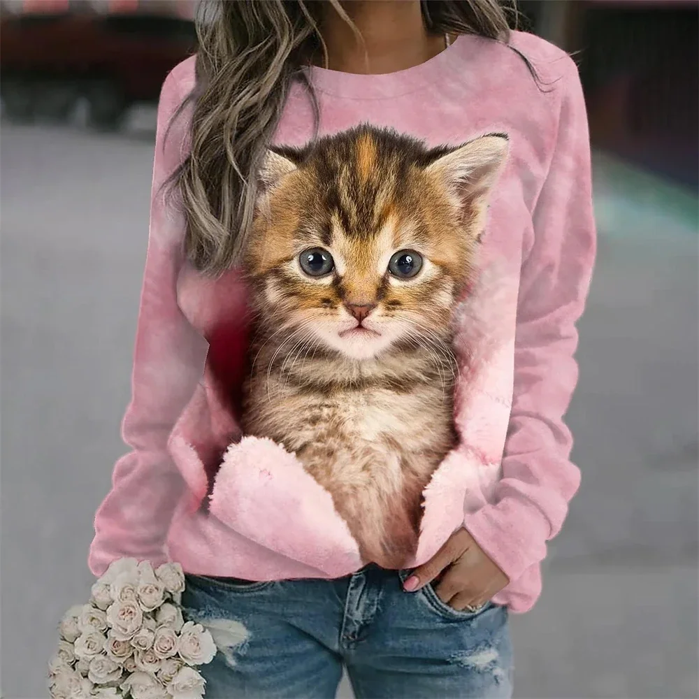 Kawaii Cat Women\'s T Shirt 3D Print Casual Long Sleeve Tees Oversized Harajuku Sweater Clothing Daily Blouse Female Loose Tops