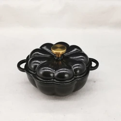 Black Enameled Cast Iron Pumpkin Shape Stew Pot, Cookware for 1 People, 17cm