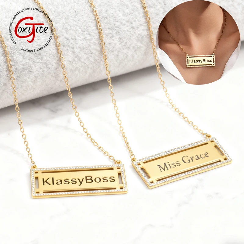 

Goxijite Custom Square Hollow Name Big Pendant Stainless Steel Stone Nameplate Engrave Text Necklace Men Women Jewelry Gift