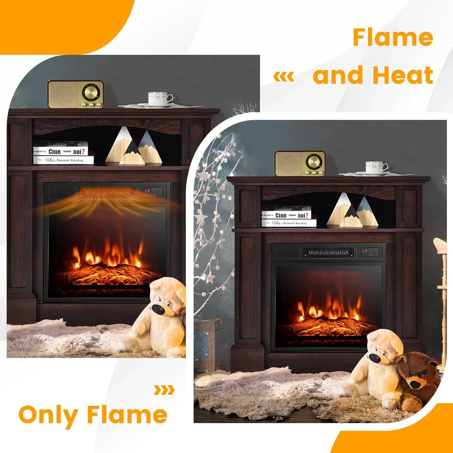 32" Electric Fireplace with Mantel, 1400W Freestanding Heater with Remote Control & Adjustable Brightness, Multifunctio