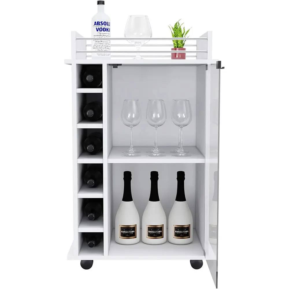 

Белая мобильная барная тележка высотой 35 дюймов со стеклянной дверцей, 6 держателями для бутылок, отделка под карбон