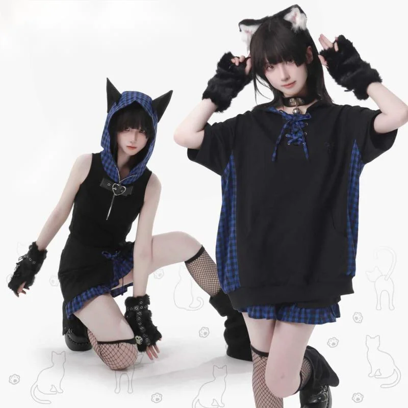 Cat Ear Blue Lattice Sweater Hoodie Top Set Summer Love Button Y2K Splicing Japan Strap Anime JK Cos A-line Skirt Top Suit New