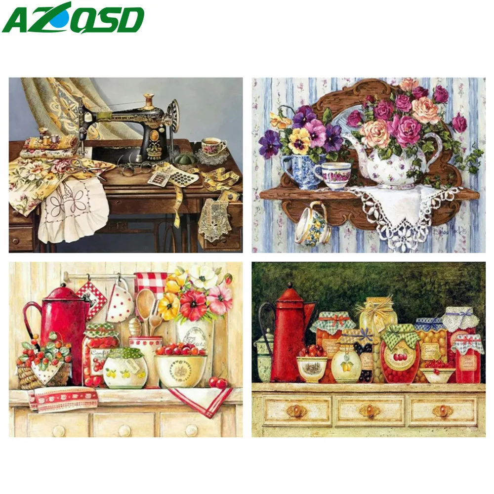 AZQSD Diamond Embroidery 5d Kitchen Landscape Mosaic 30x40cm Round Drill Diamond Painting Flower Teapot Sewing Machine