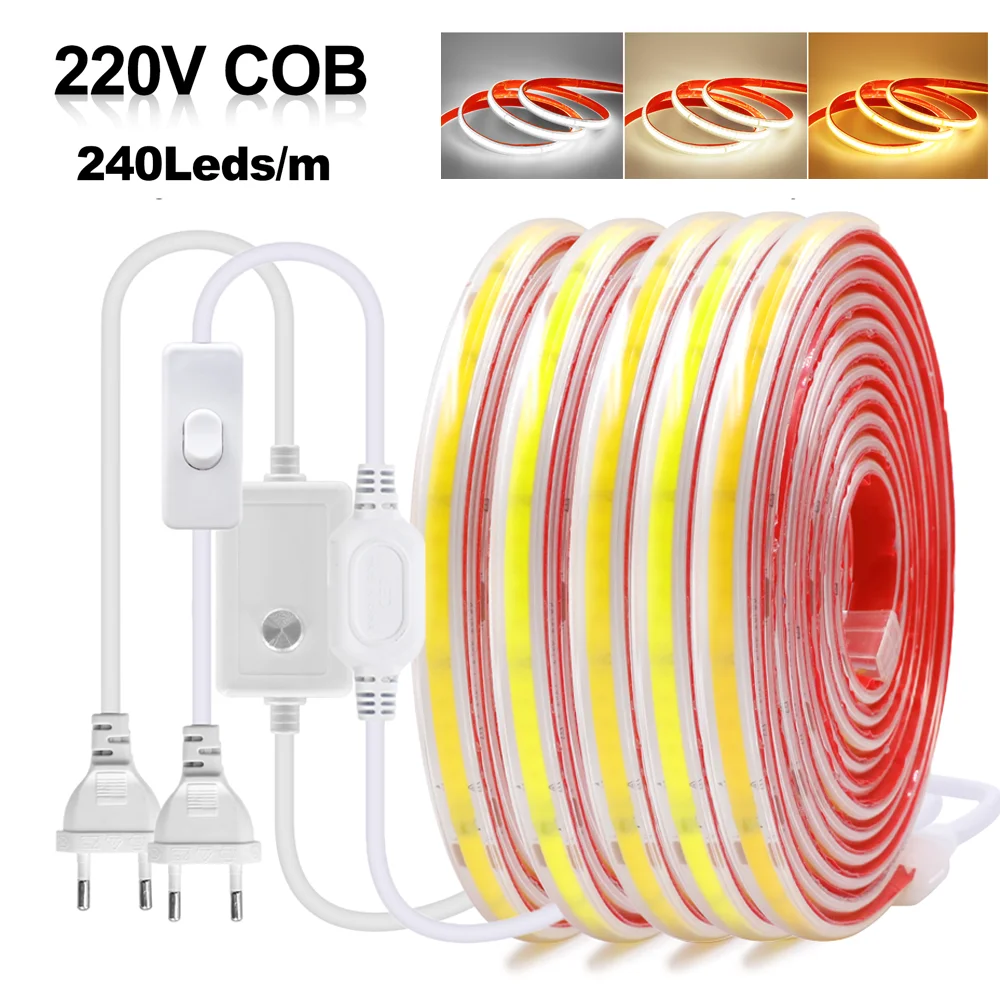 

Dimmable COB LED Strip Light High Bright 240leds/M EU Plug Outdoor Garden FOB LED Tape Waterproof For Bedroom Kitchen Lighting