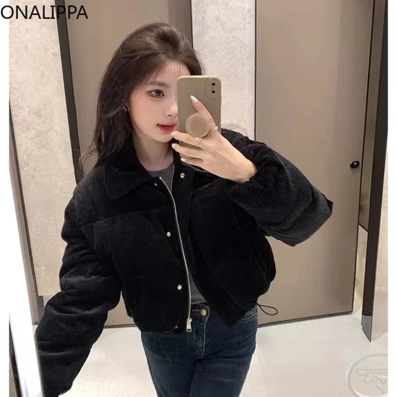 Onalippa Corduroy Cropped Jackets for Women Drawstring Solid Turn Down Collar Quilted Coat Korean Loose Winter Clothes Warm