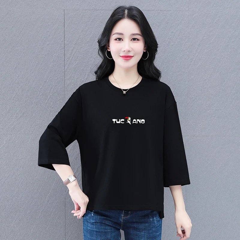 

2025 new large-size middle-aged women's pure cotton three-quarter sleeve T-shirt spring and summer loose casual versatile top