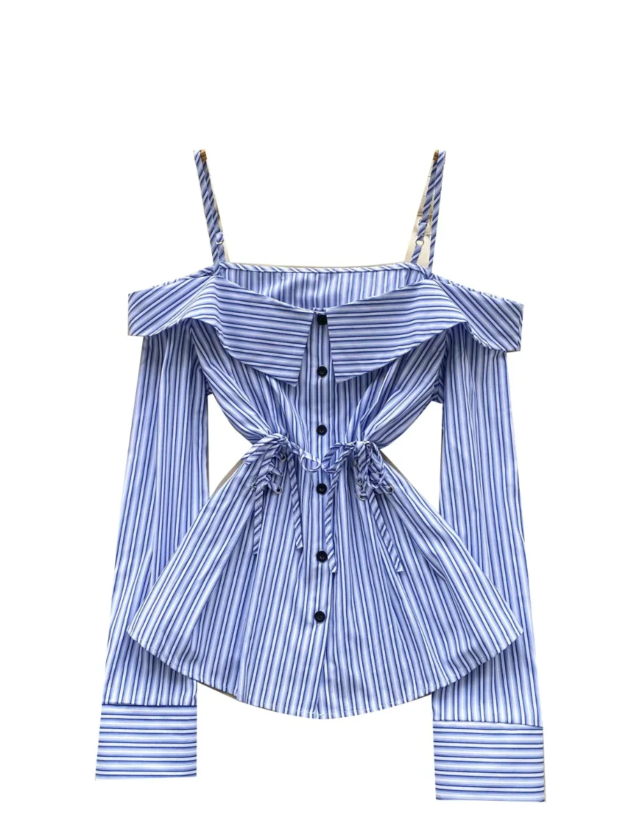 Foamlina-Blusa elegante con hombros descubiertos y tirantes Halter para mujer, blusa a rayas con cintura ceñida, camiseta única con una botonadura