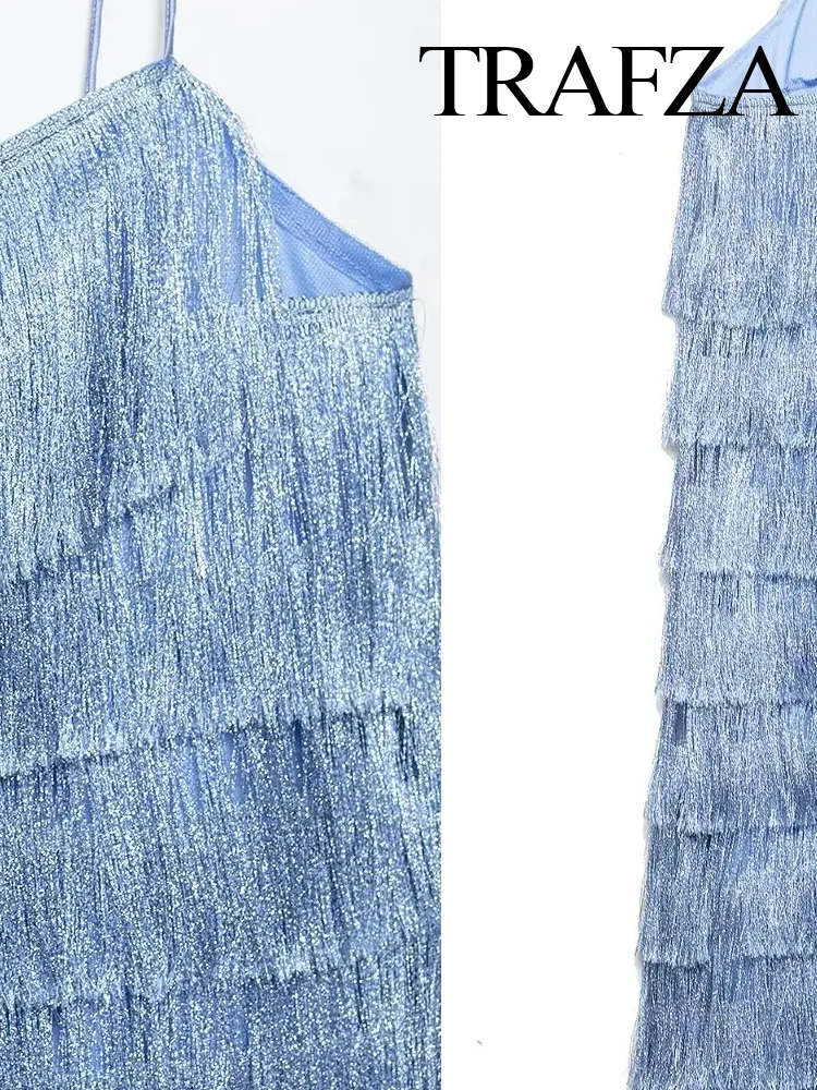 

TRAZFA Women's Tassel Lined Mini Dress 2025 Fashion Woman Sexy Slim Sleeveless Backless Blue Elegant Party Halter Dresses