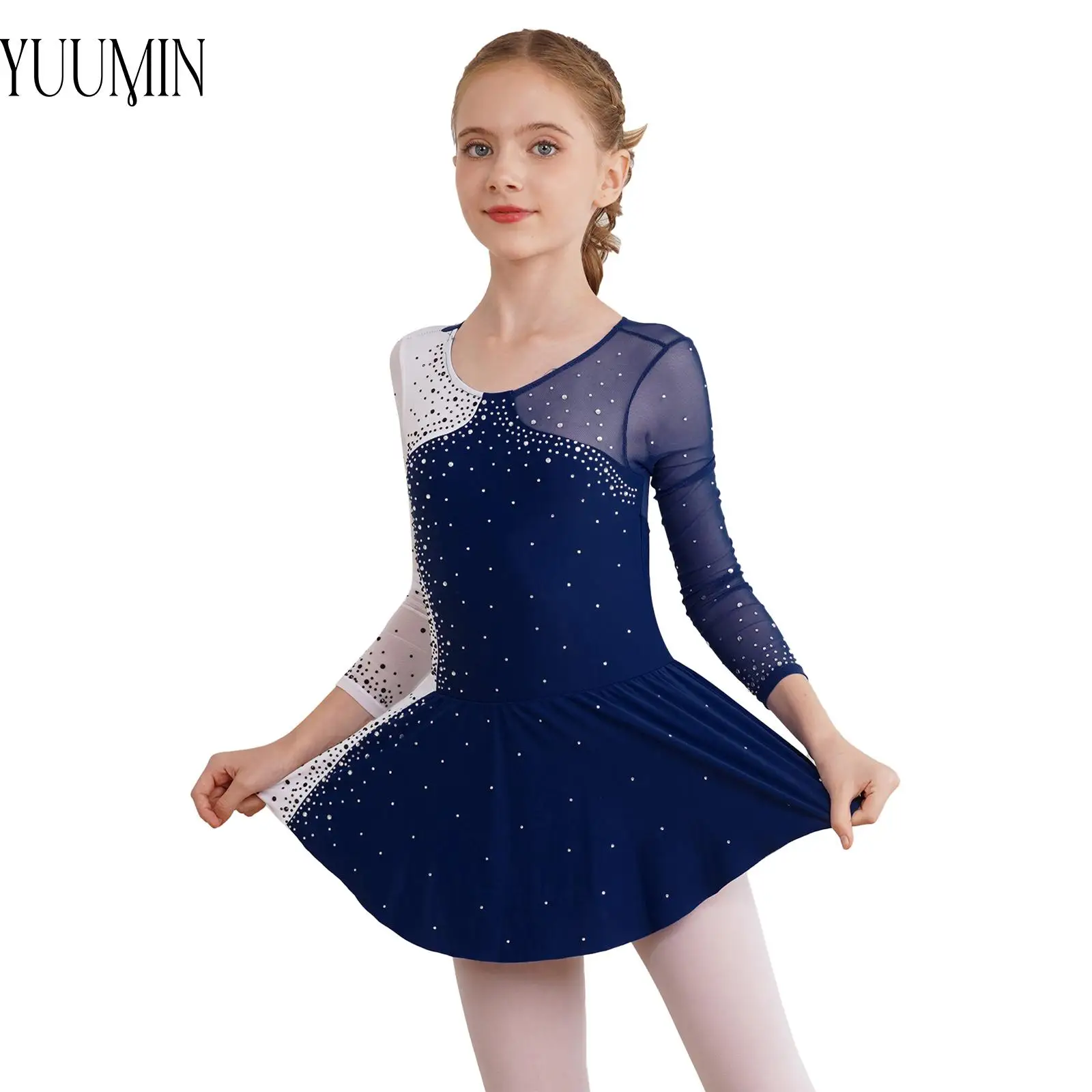 Kids Girls Skating Dance Dress Gymnastics Performance Dancewear Long Sleeve Shiny Rhinestone Decorated Patchwork Contrast Color